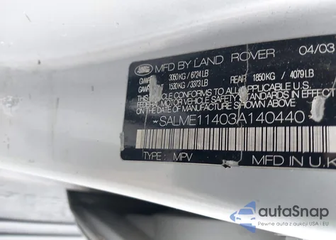 2003 Land Rover Range Rover Hse z USA, uszkodzony, nr VIN SALME11403A140440